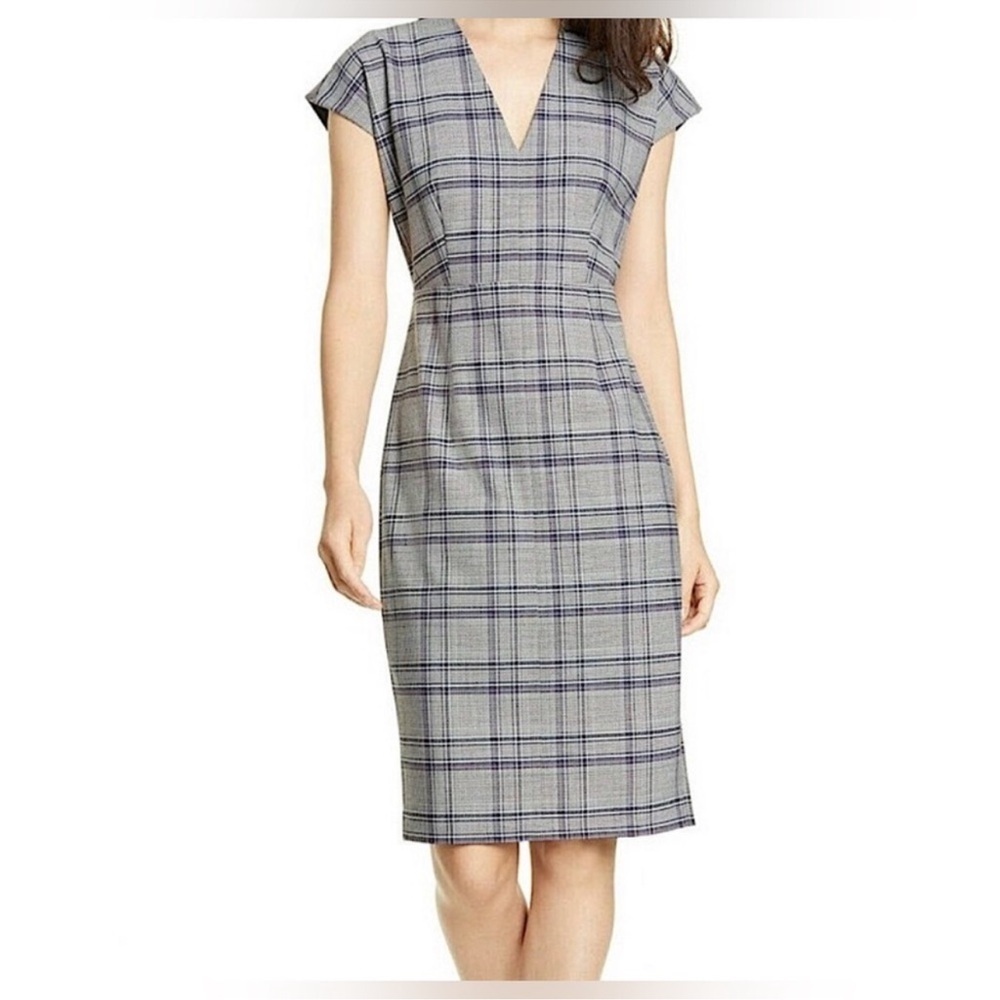 Lewit Gray Plaid V Neck Sheath Mini Dress
